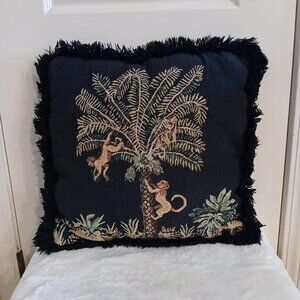 Vintage Monkey Tapestry Pillow Black with Fringe Print on Both Sides 16" Square